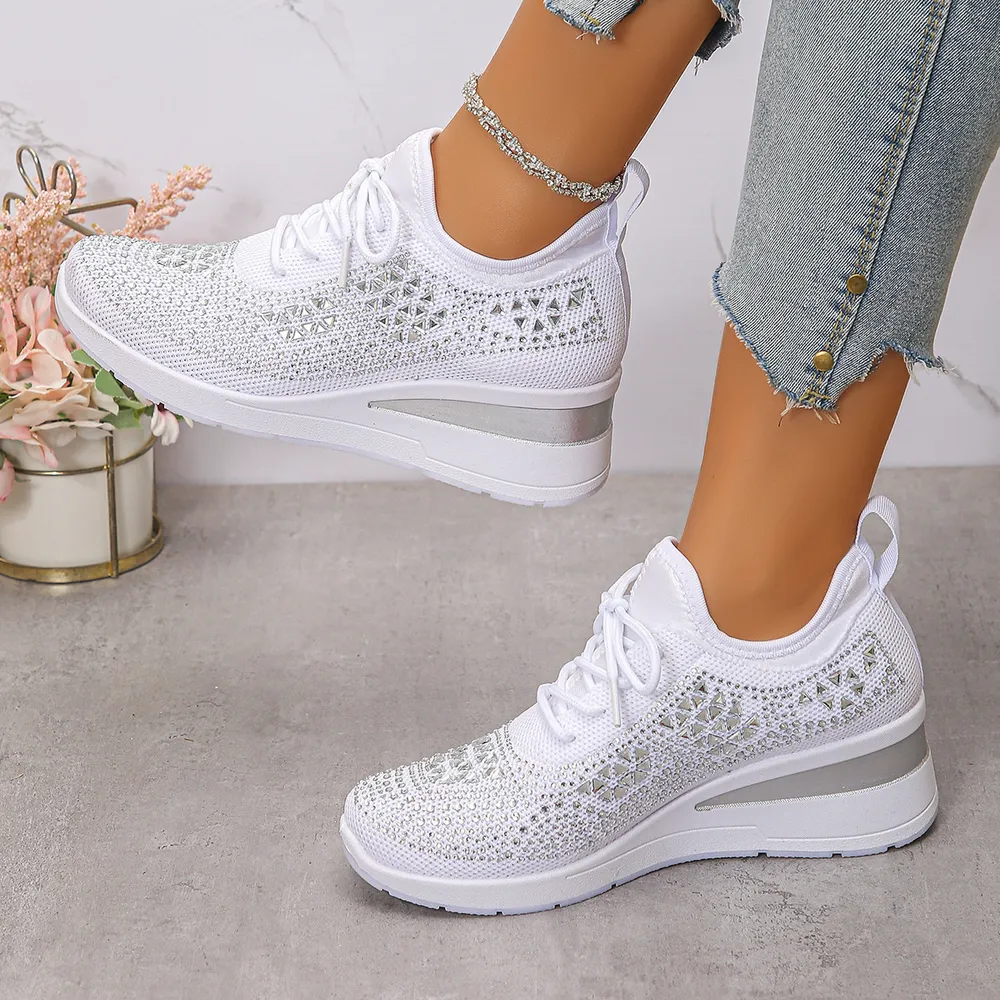 Breathable Mesh Rhinestone Wedge Athletic Sneakers, image 14