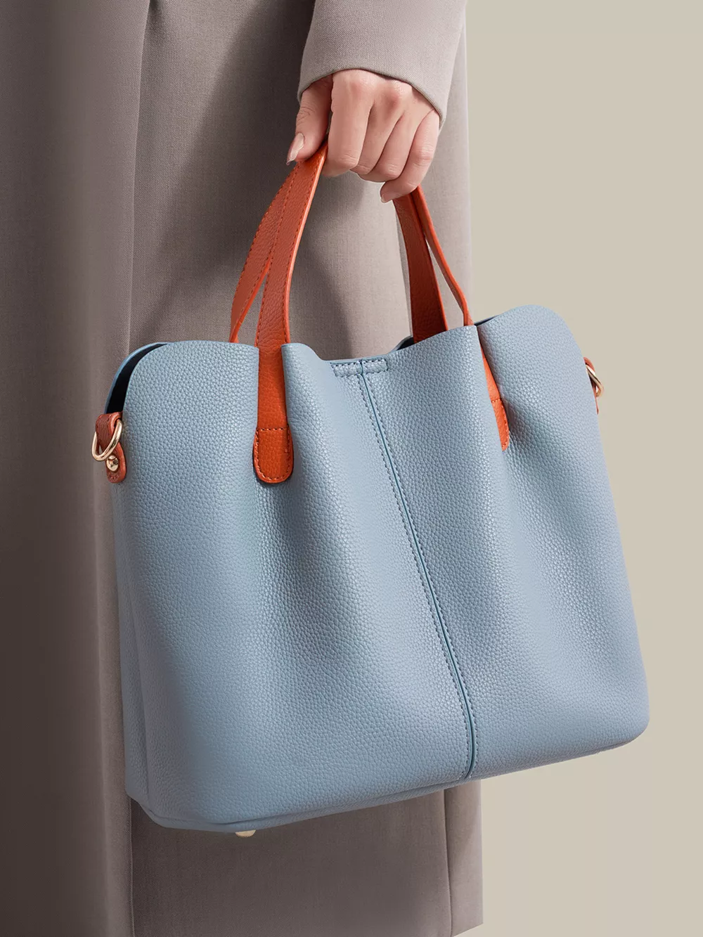 Leather Contrast Handle Handbag, image 5