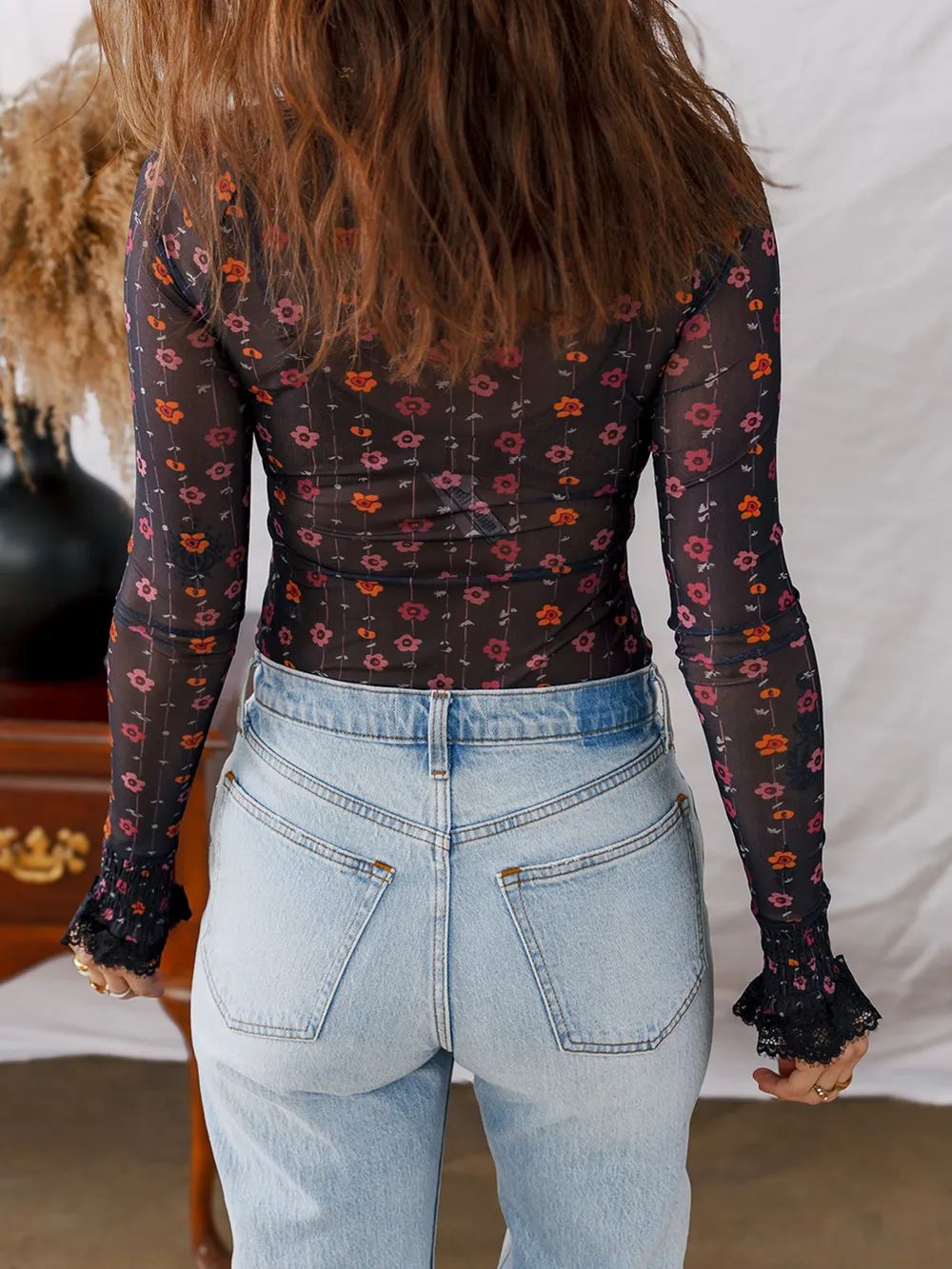 Floral Print Smocked Cuff Slim Fit Mesh Bodysuit, image 5