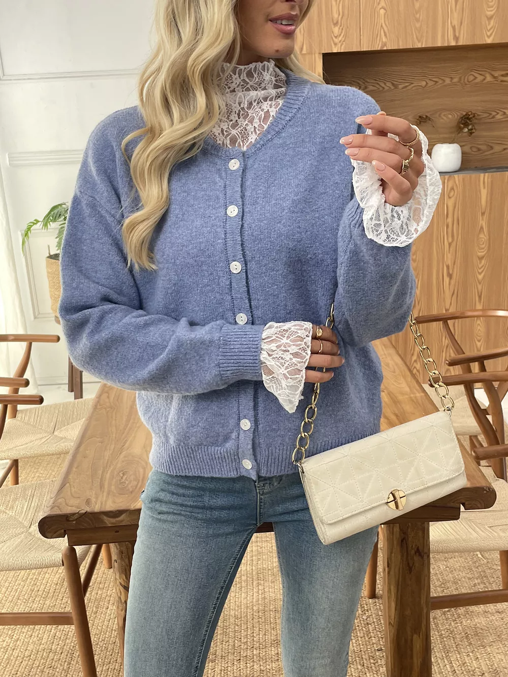Button-Down Cardigan with Delicate Lace Trim, image 4