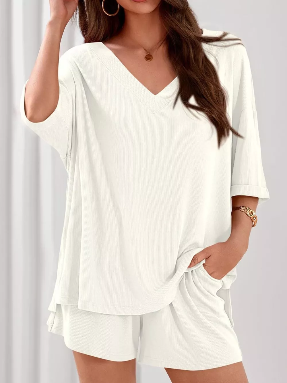 Casual Solid Color V-Neck Top & Shorts Set, image 26