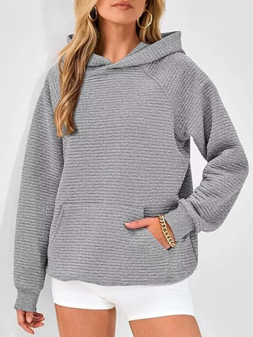 Texture Kangaroo Pocket Raglan Sleeve Hoodie