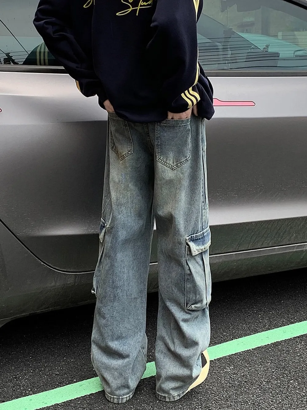 Men's Full Size Vintage Wash Wide Leg Cargo Jeans Plus Size, image 3