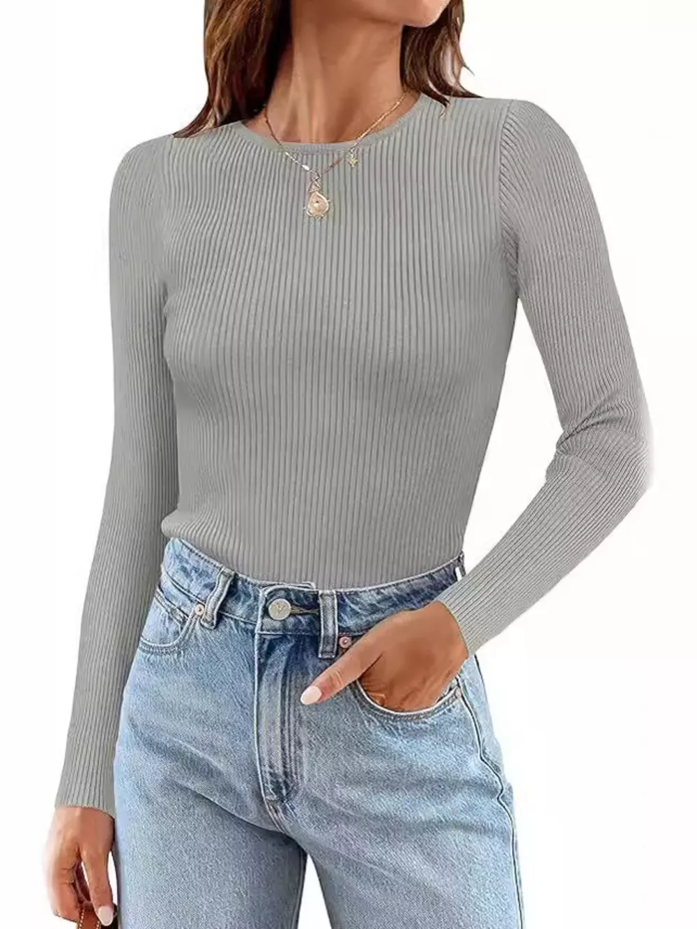 Ribbed Knit Slim Fit Long Sleeve T-Shirt, image 12