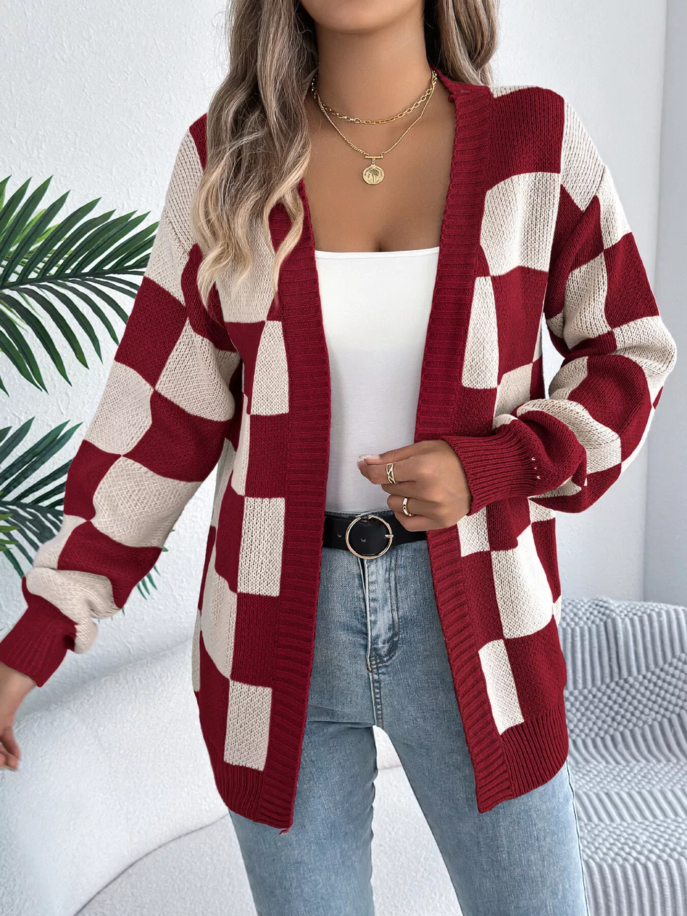 Checkerboard Pattern Open Front Knit Cardigan, image 12
