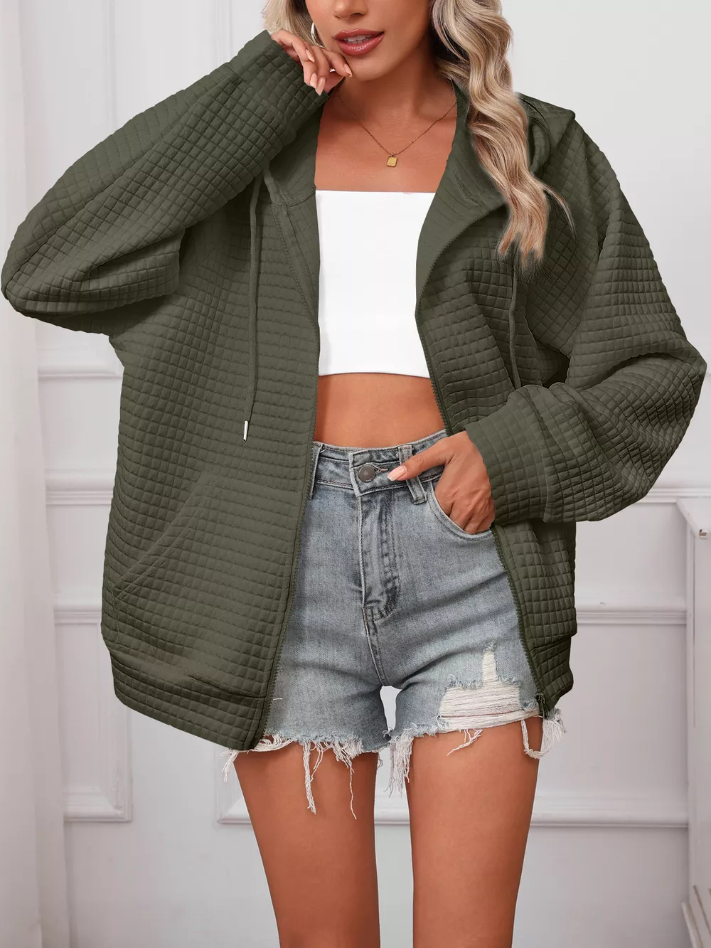 Full Size Textured Quilted Zip-Up Hooded Jacket Plus Size, image 22