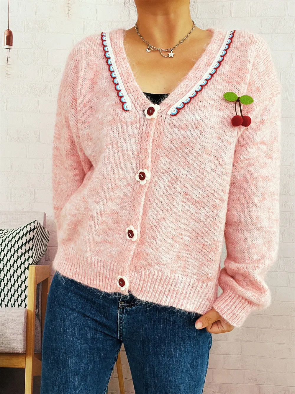Cherry Button-Front Long Sleeve Cardigan, image 5