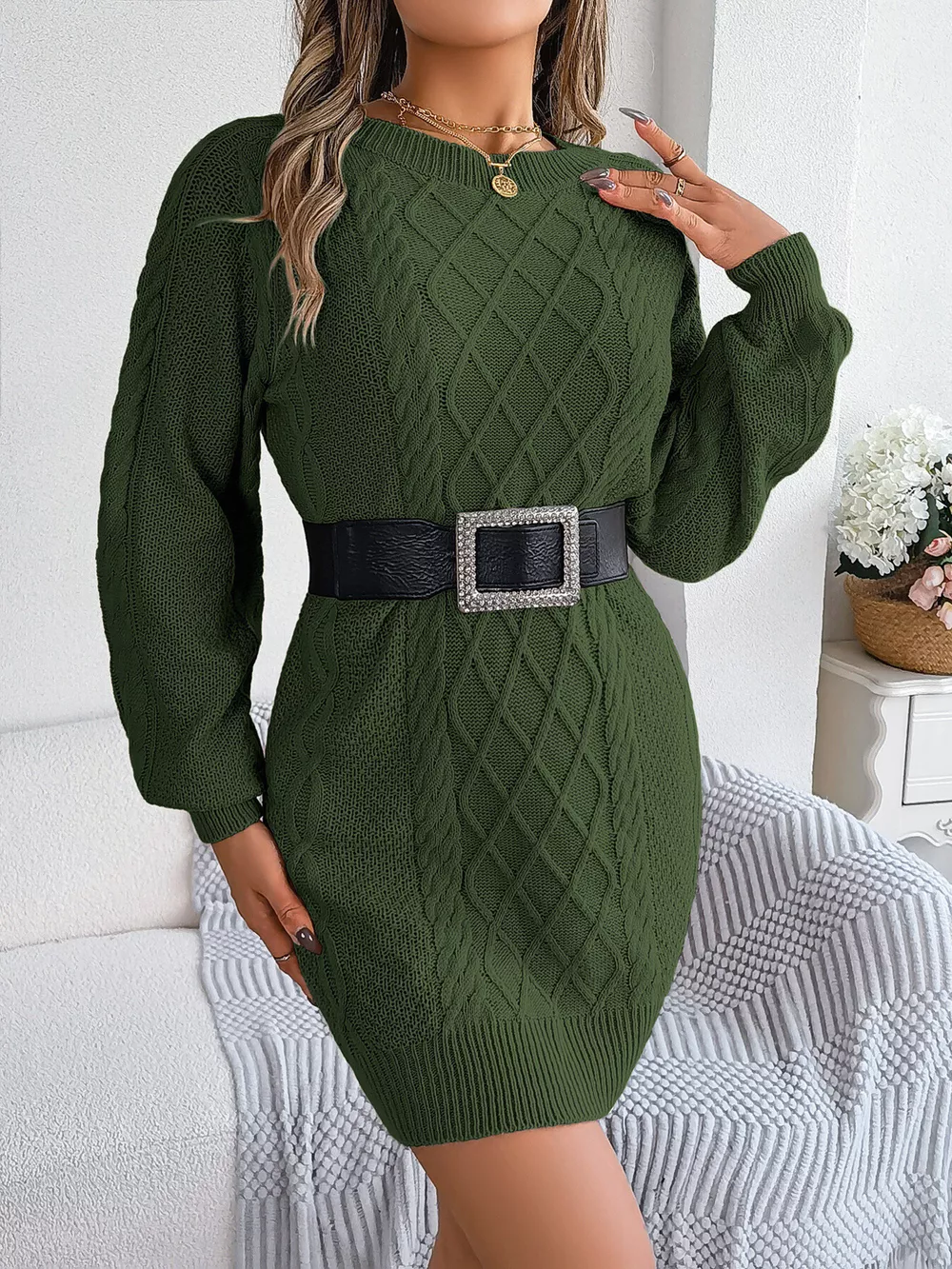 Diamond Cable Knit Sweater Dress with Long Sleeves, image 7