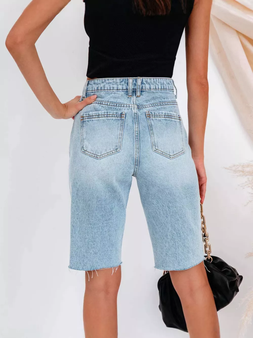 High-Waisted Distressed Denim Shorts, image 4