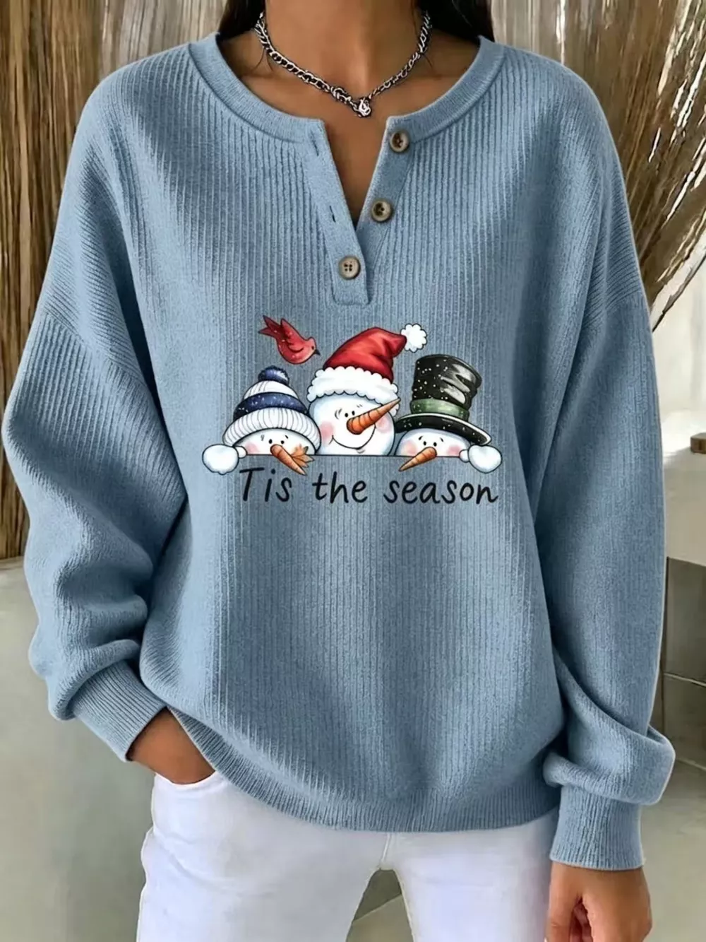 Full Size Christmas Themed Snowman Graphic Ribbed Henley Sweatshirt Plus Size, image 11