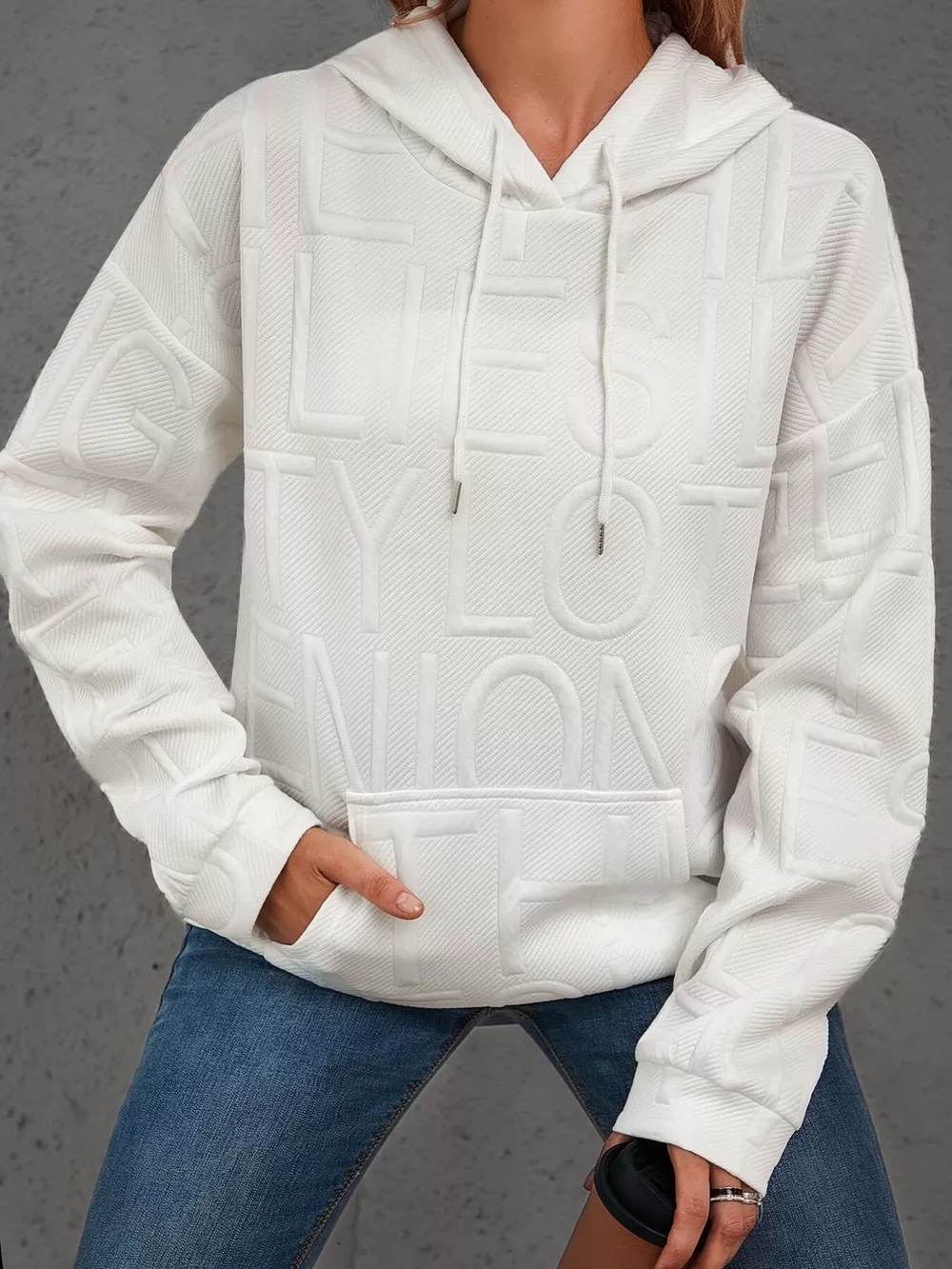 Full Size Textured Embossed Long Sleeve Hoodie Plus Size, image 5