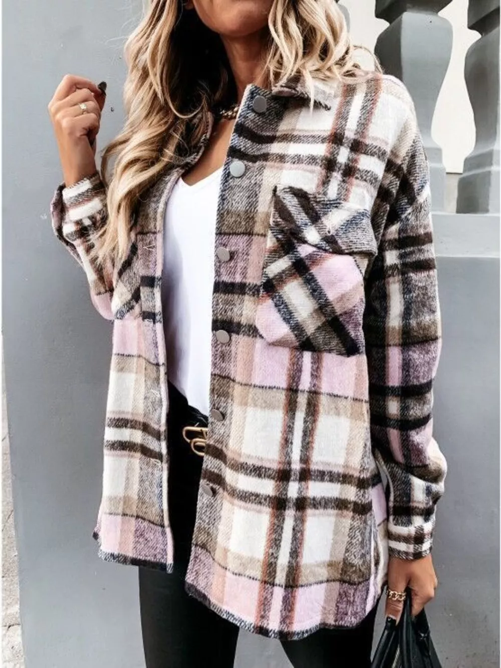 Plaid Button-Down Long Sleeve Shacket, image 2