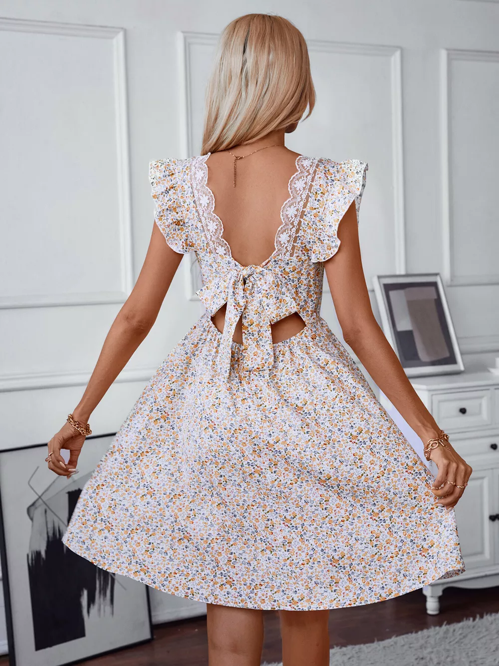 Floral Print Lace Trim Tie Back Mini Dress, image 2