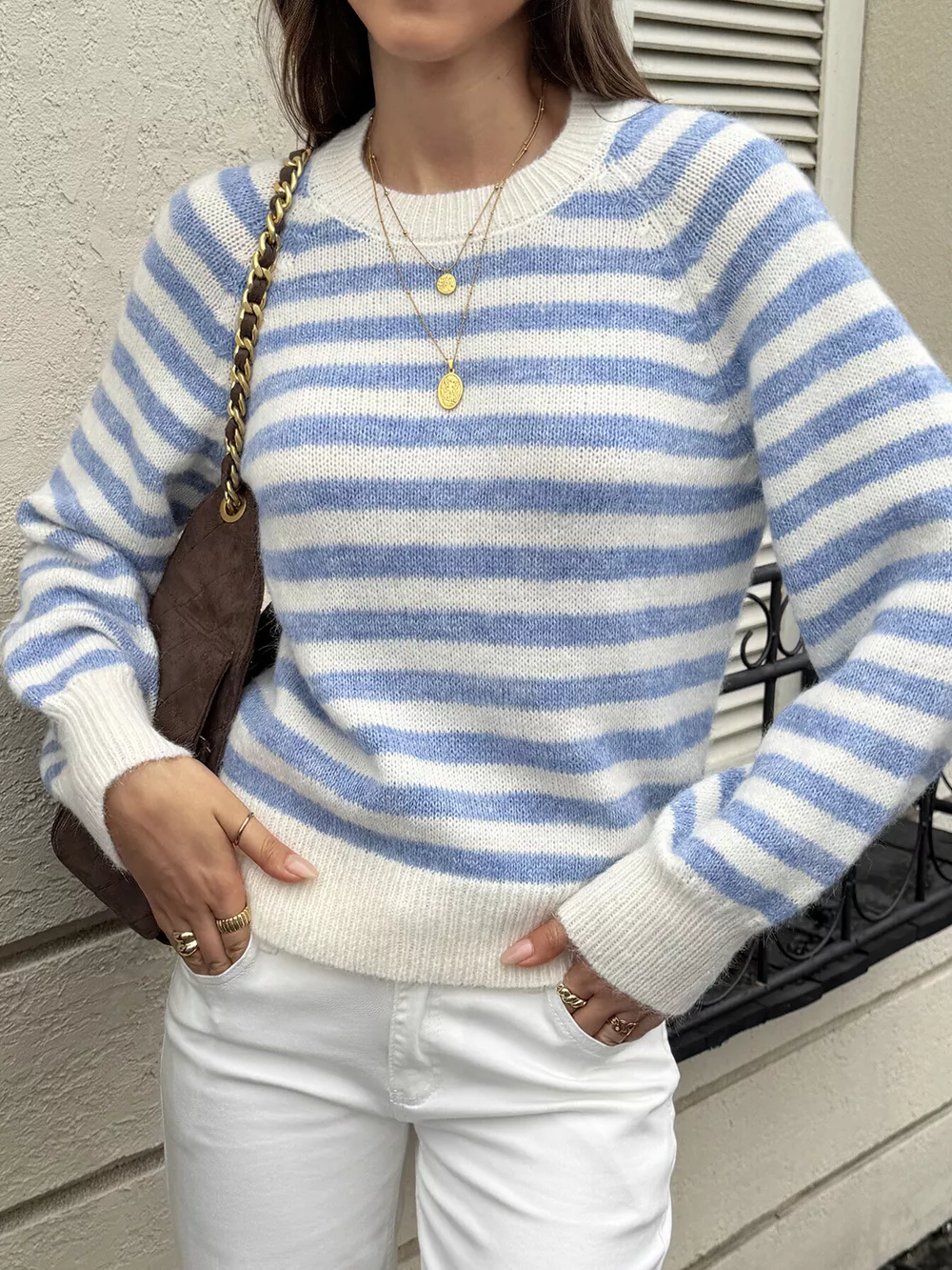 Striped Crew Neck Dropped Shoulder Sweater, image 2