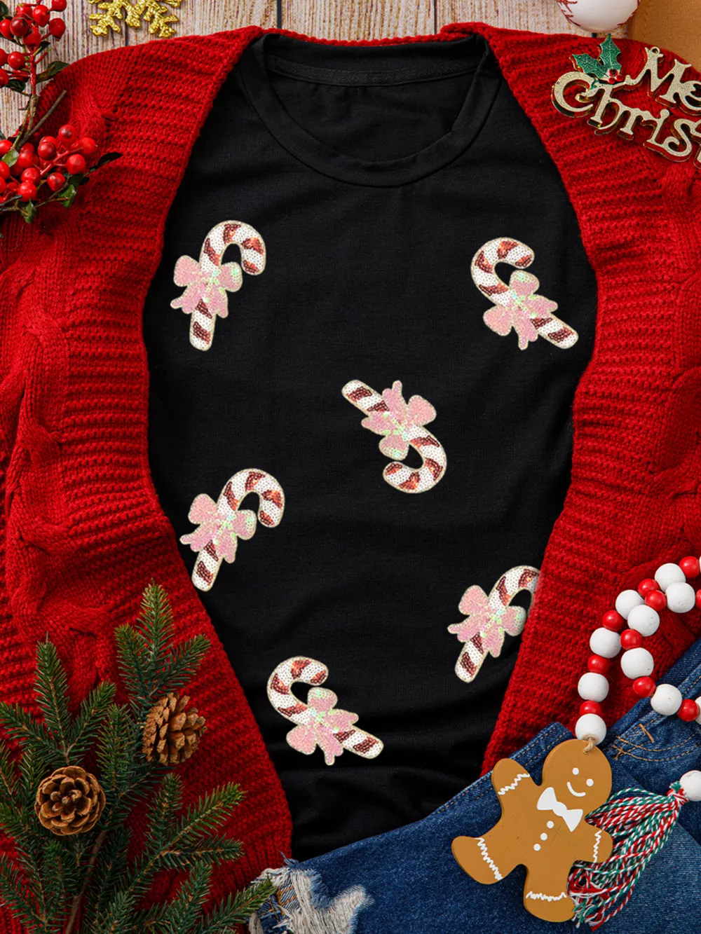Christmas Sequined Candy Cane Patched Pattern Holiday T Shirt, image 4