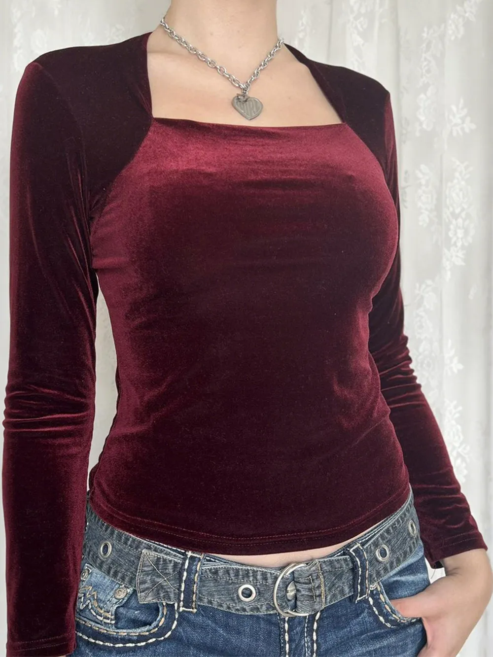 Velvet Long Sleeve Square Neck T-Shirt, image 2