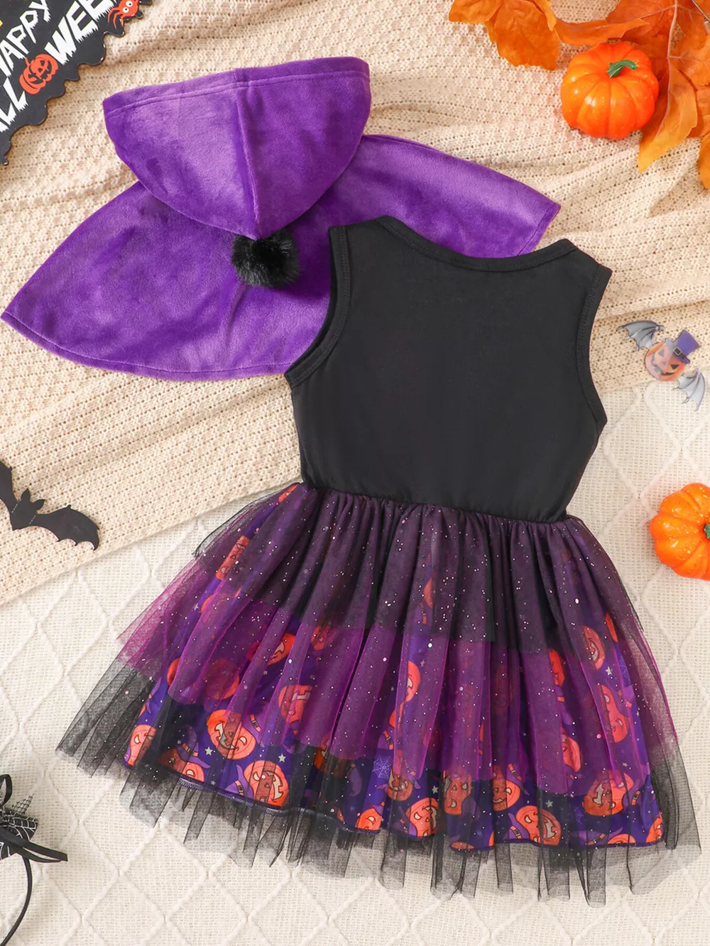 Children's Halloween Hooded Cape and Printed Dress Witch Costume Set, image 9