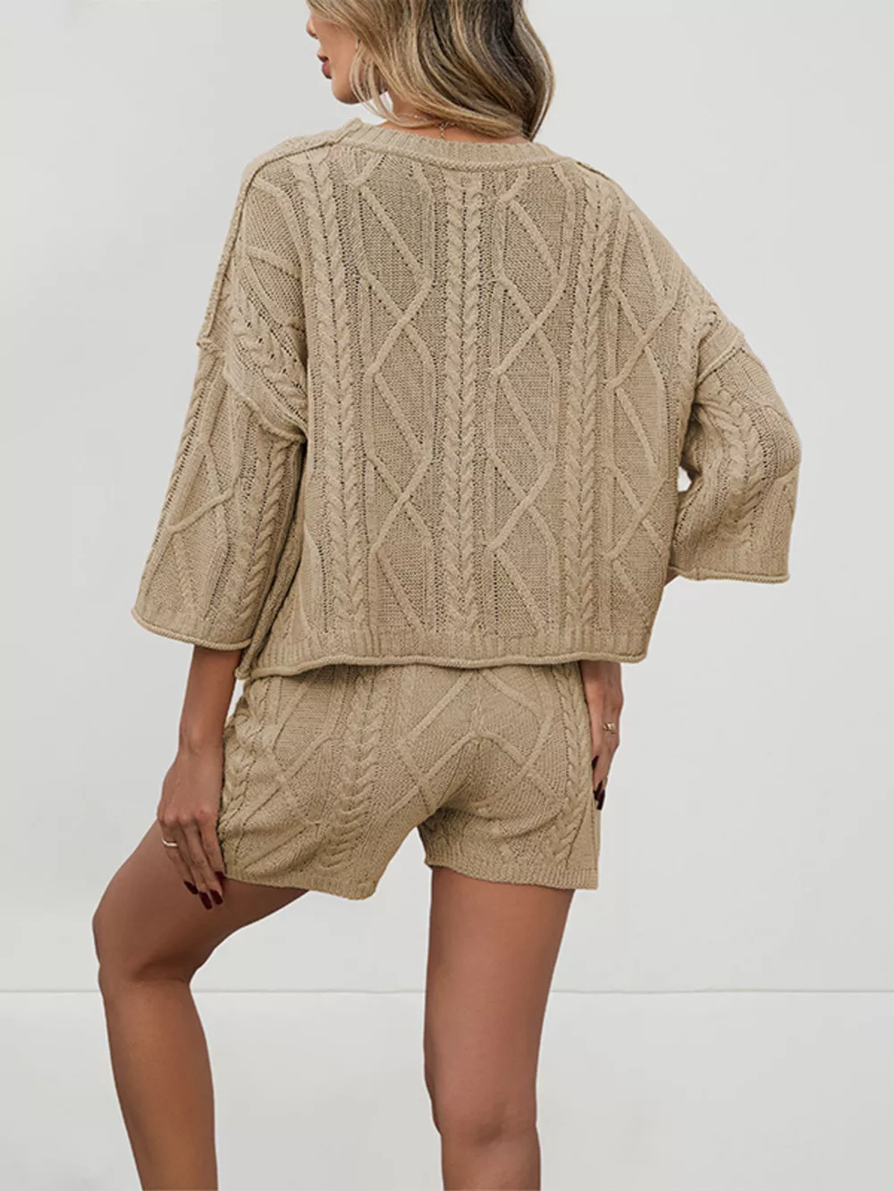 Cable Knit Round Neck Top and Shorts Sweater Set, image 5