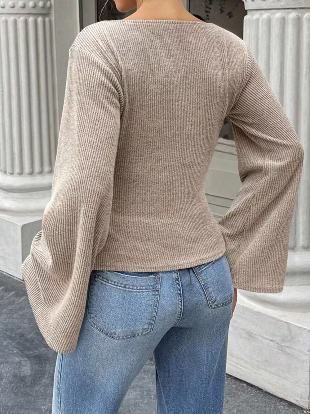 Ribbed Flare Sleeve Top with Ruched Detail, image 9