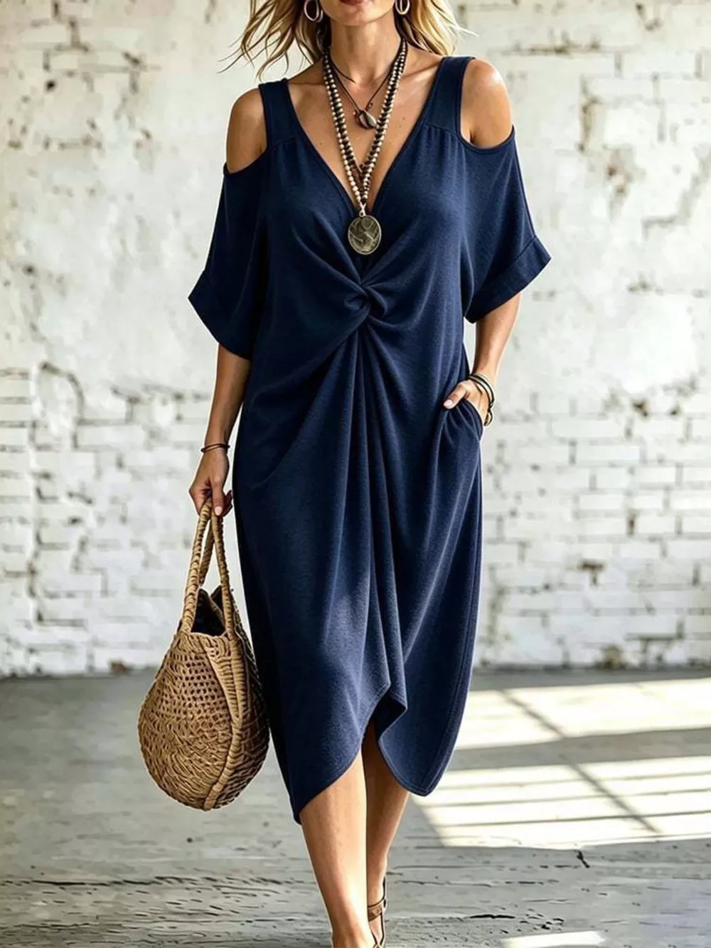 Full Size Cold Shoulder Twist Front Midi Dress Plus Size, image 5