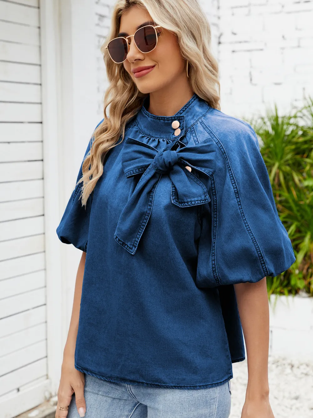 Denim Bow Tie Puff Sleeve Top, image 10
