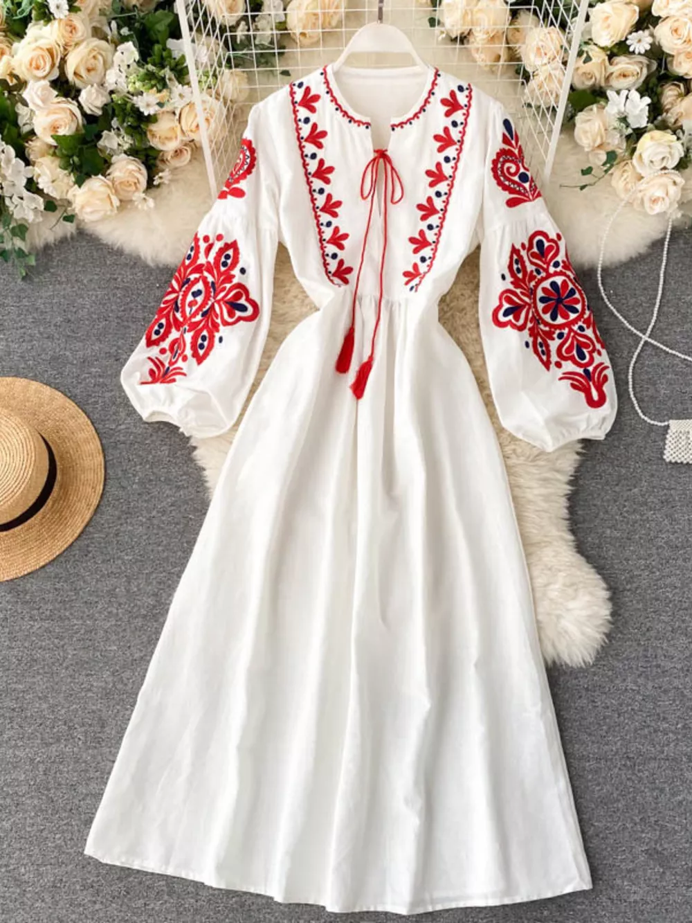 Embroidered Tie Neck Long Sleeve Dress, image 2