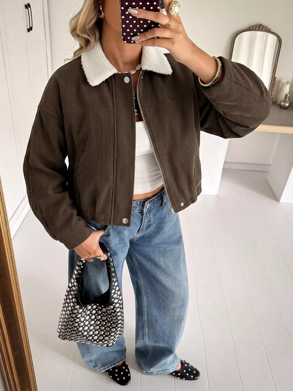 Contrast Sherpa Collar Corduroy Zip Up Jacket, image 5