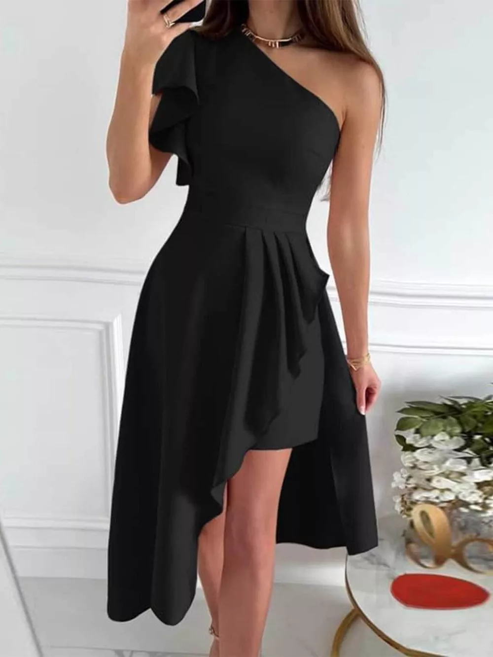 One-Shoulder Ruffle High-Low Dress, image 6