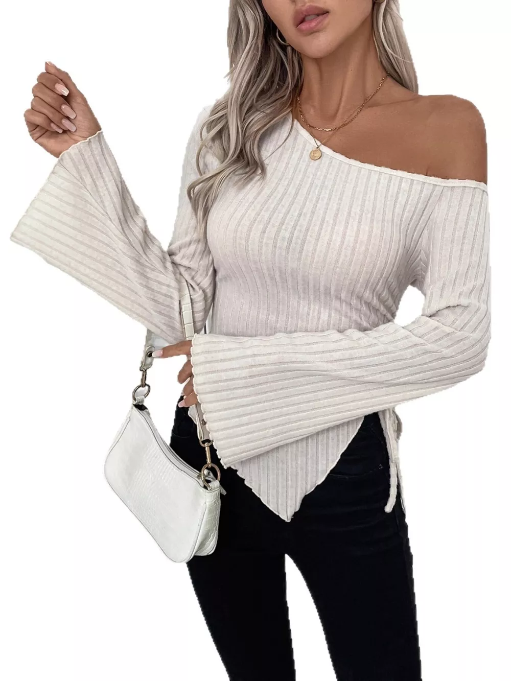 Ribbed One Shoulder Asymmetrical Hem T-Shirt, image 4