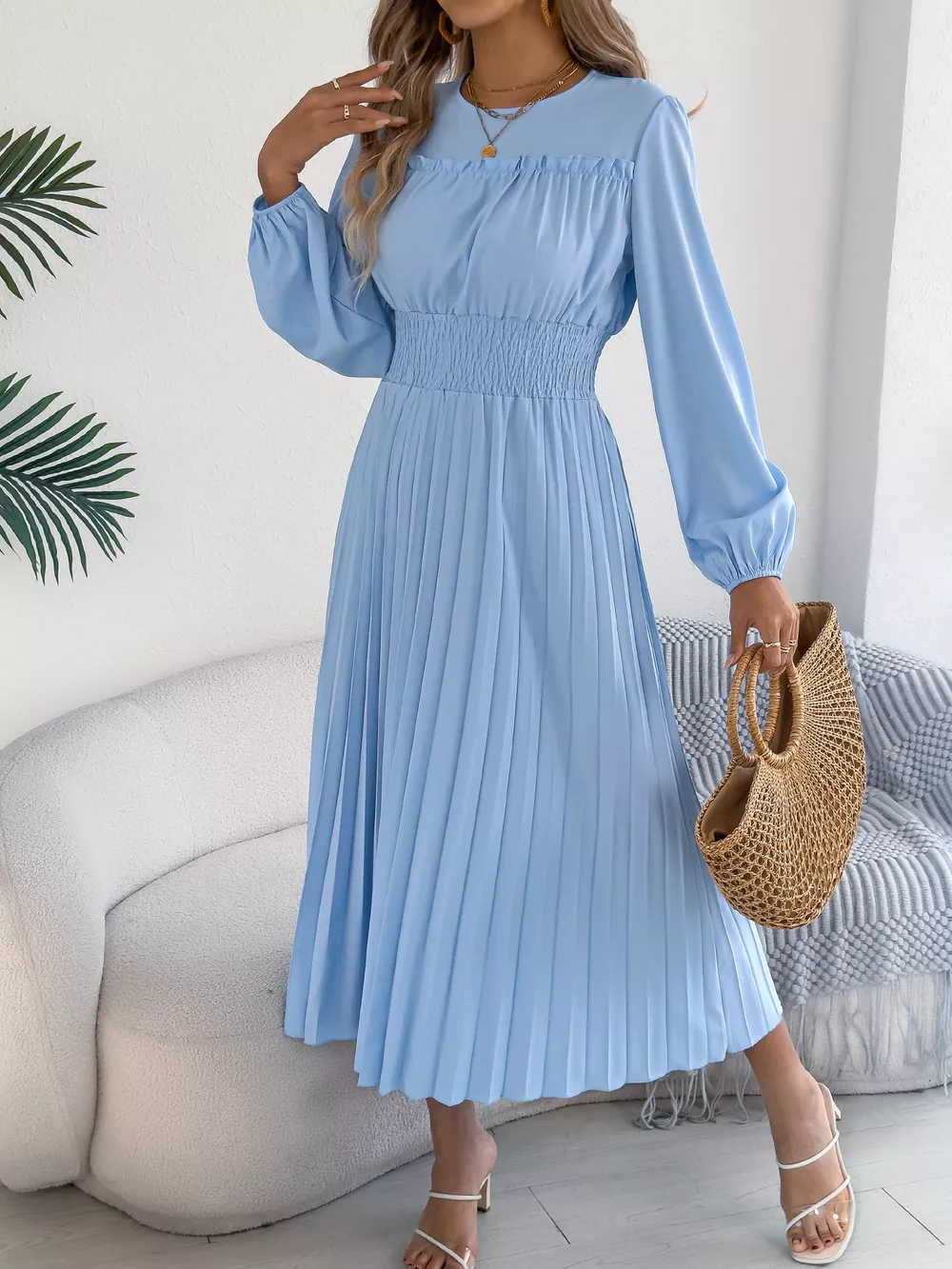 Smocked Pleated Long Sleeve Midi Dress, image 15