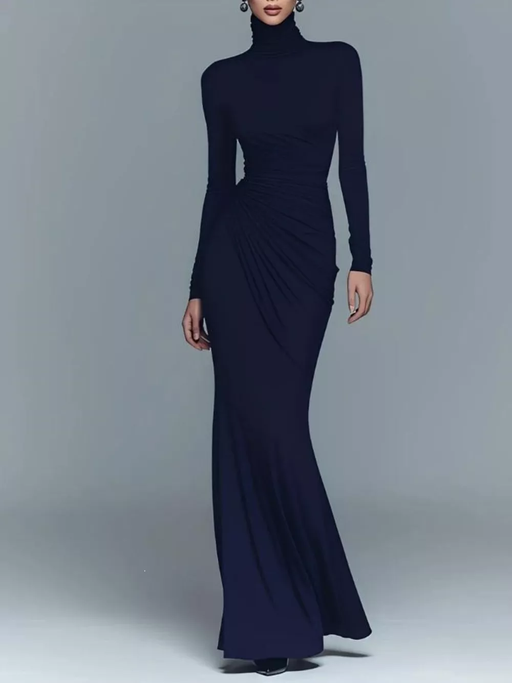 Turtleneck Long-Sleeve Ruched Maxi Dress