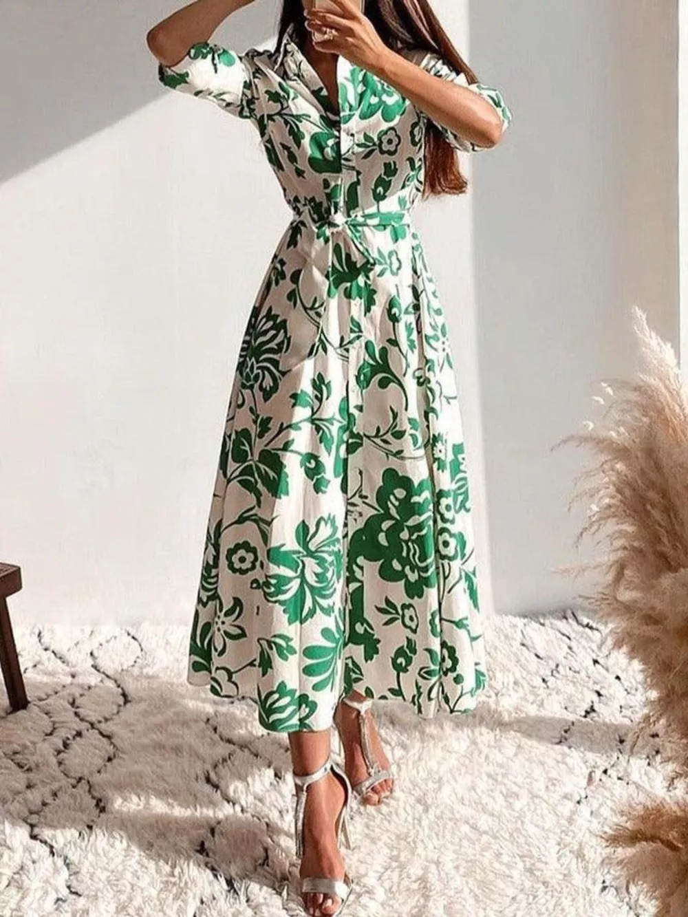 Elegant Floral Print Shirt Dress with Belt, image 4