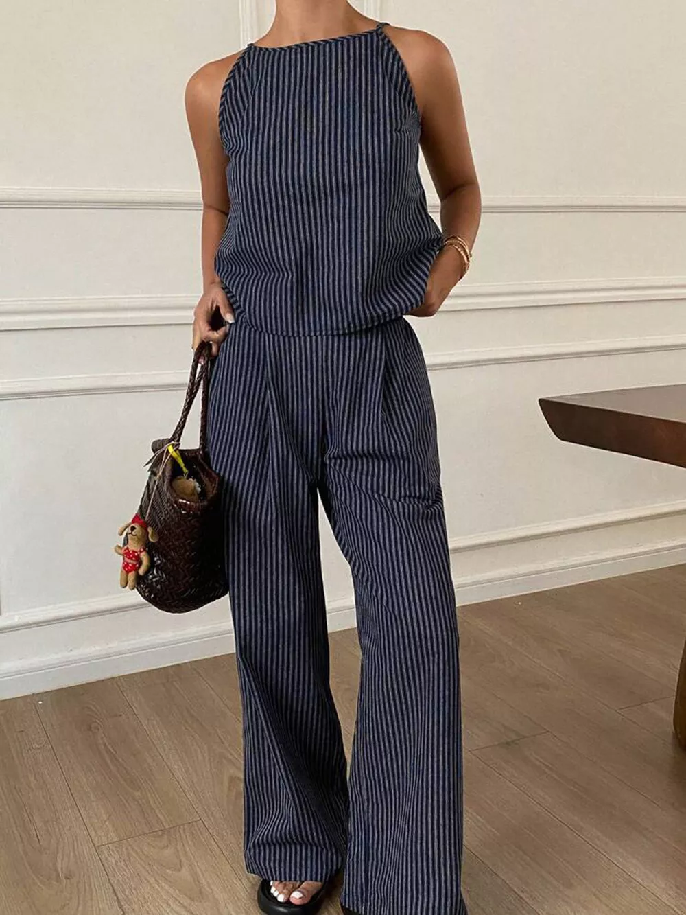 Striped Sleeveless Top and Wide-Leg Pants Set, image 2