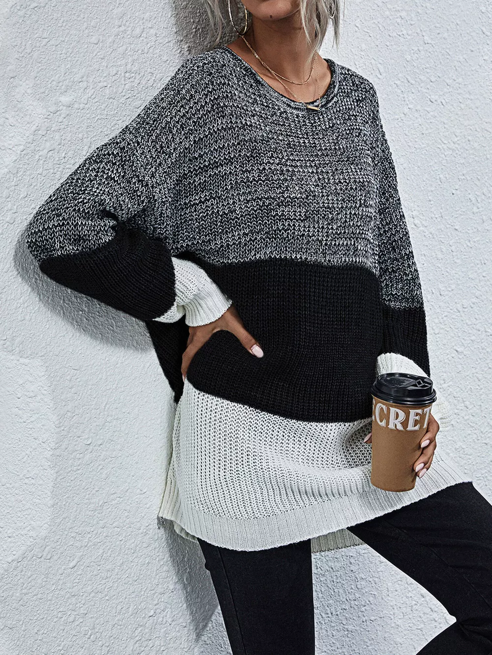 Color Block Round Neck Oversized Sweater, image 2