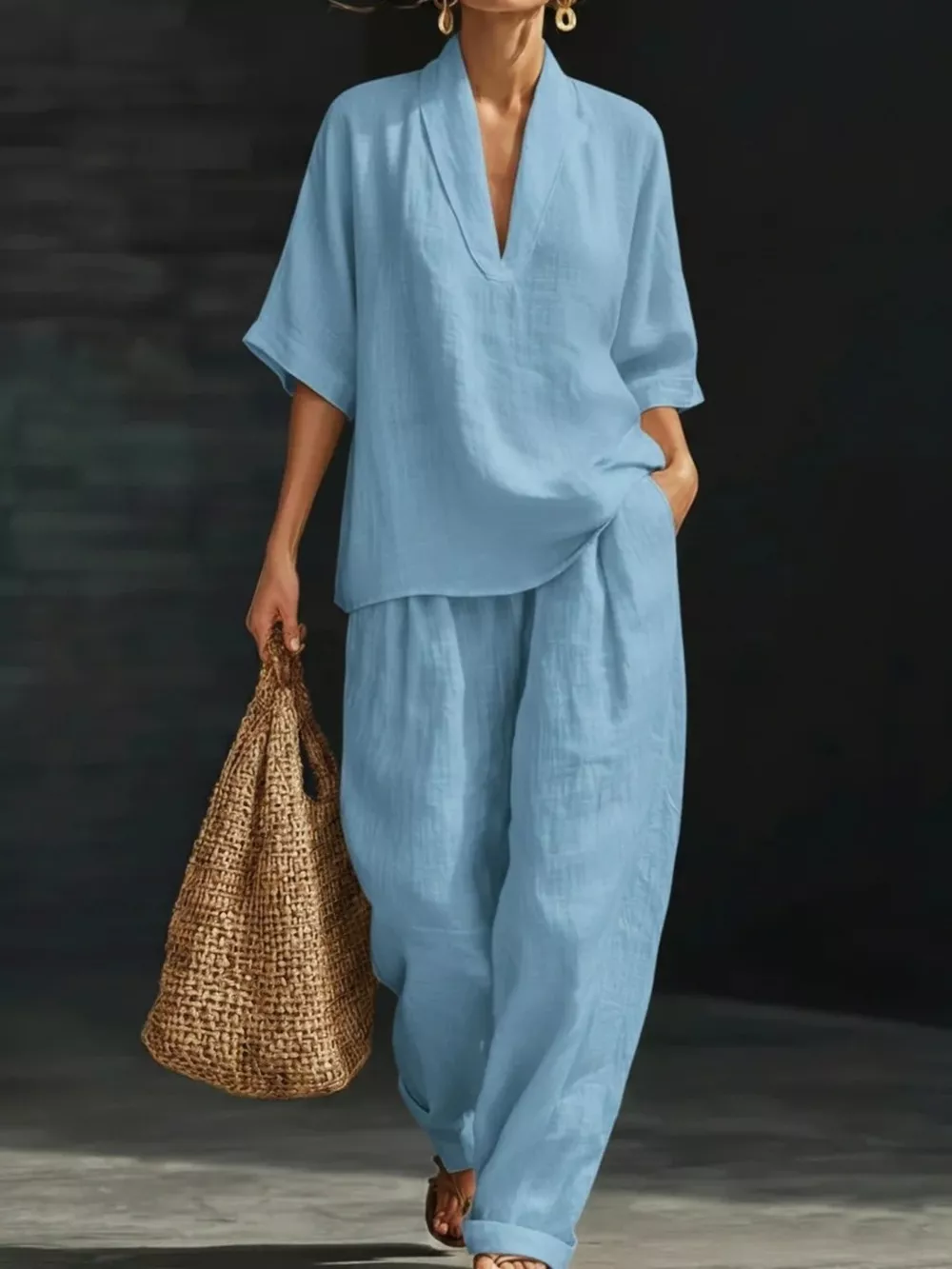 Half Sleeve Loose Fit Top and Pants Set, image 2
