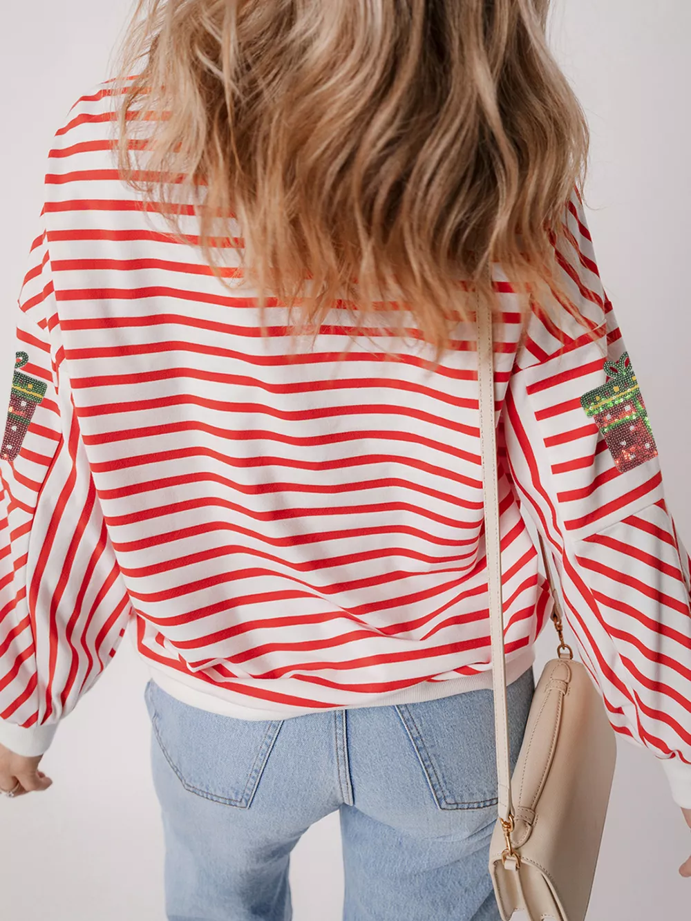 Stripe Sequin Christmas Gift Patched Drop Shoulder Sweatshirt, image 3