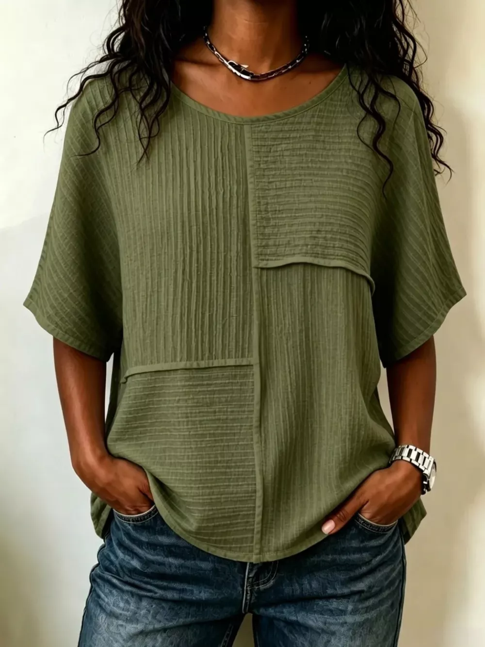 Full Size Texture Round Neck Half Sleeve Blouse Plus Size, image 15