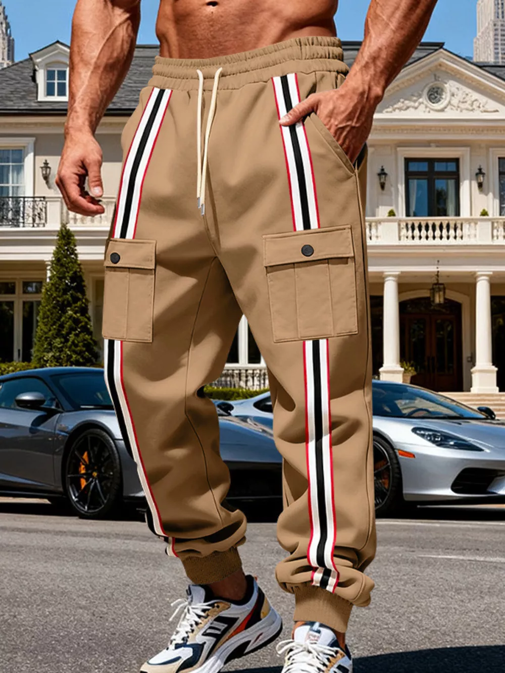 Men's Full Size Casual Striped Cargo Joggers Plus Size, image 11