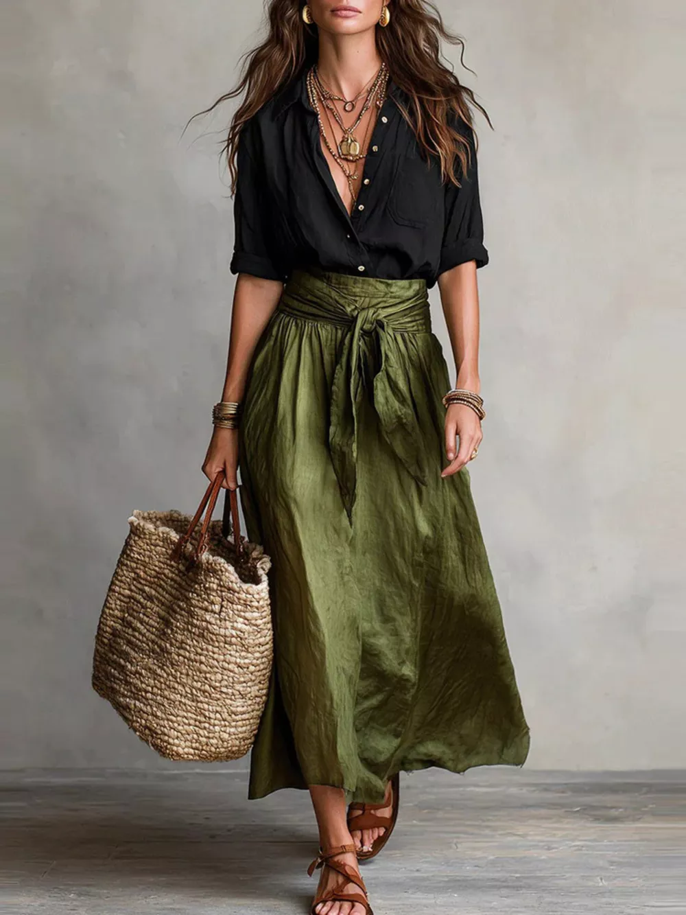 Button-Down Shirt and High-Waisted Tie-Front Maxi Skirt Set