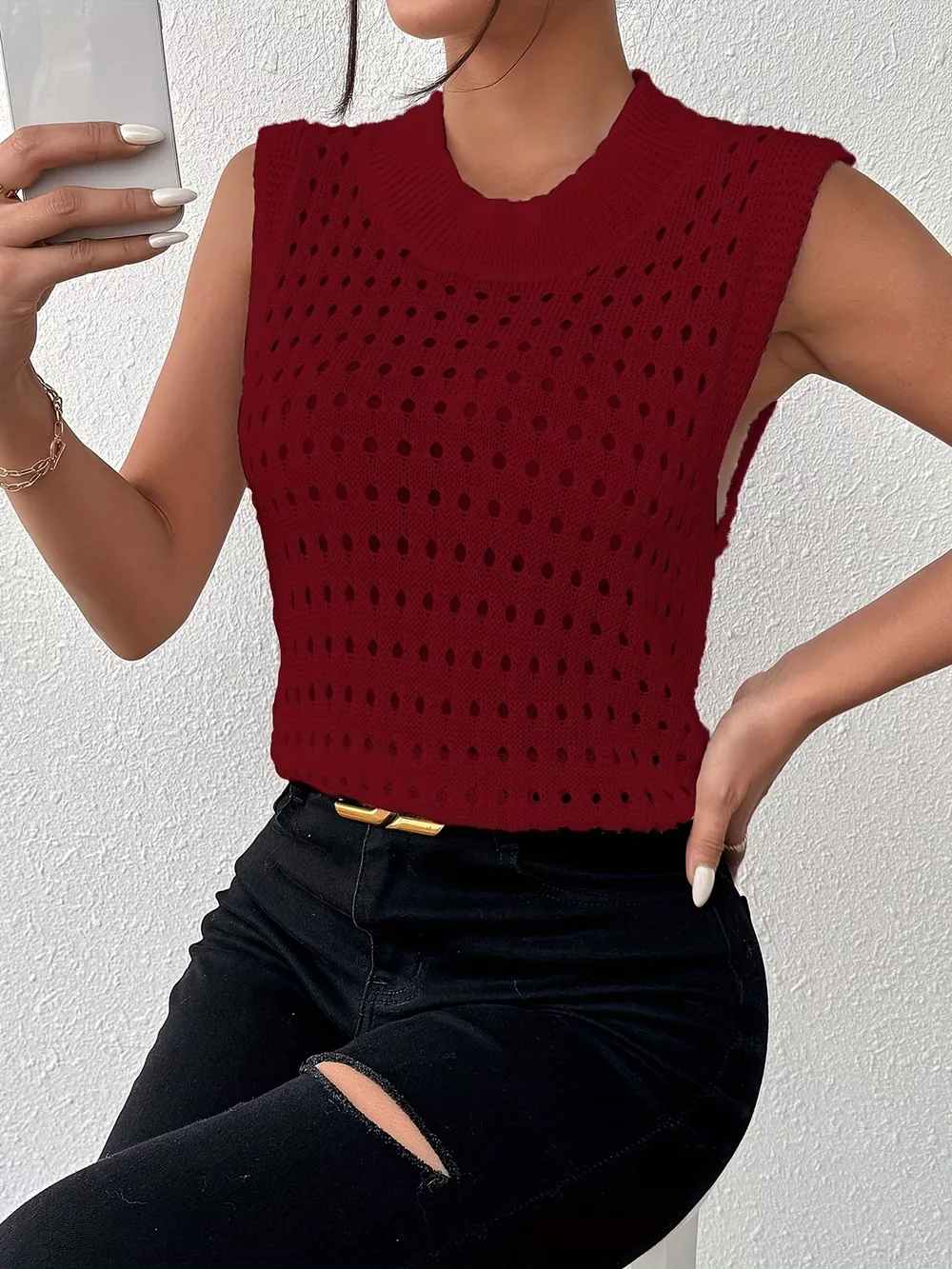 Hollow Out Round Neck Knit Tank, image 6
