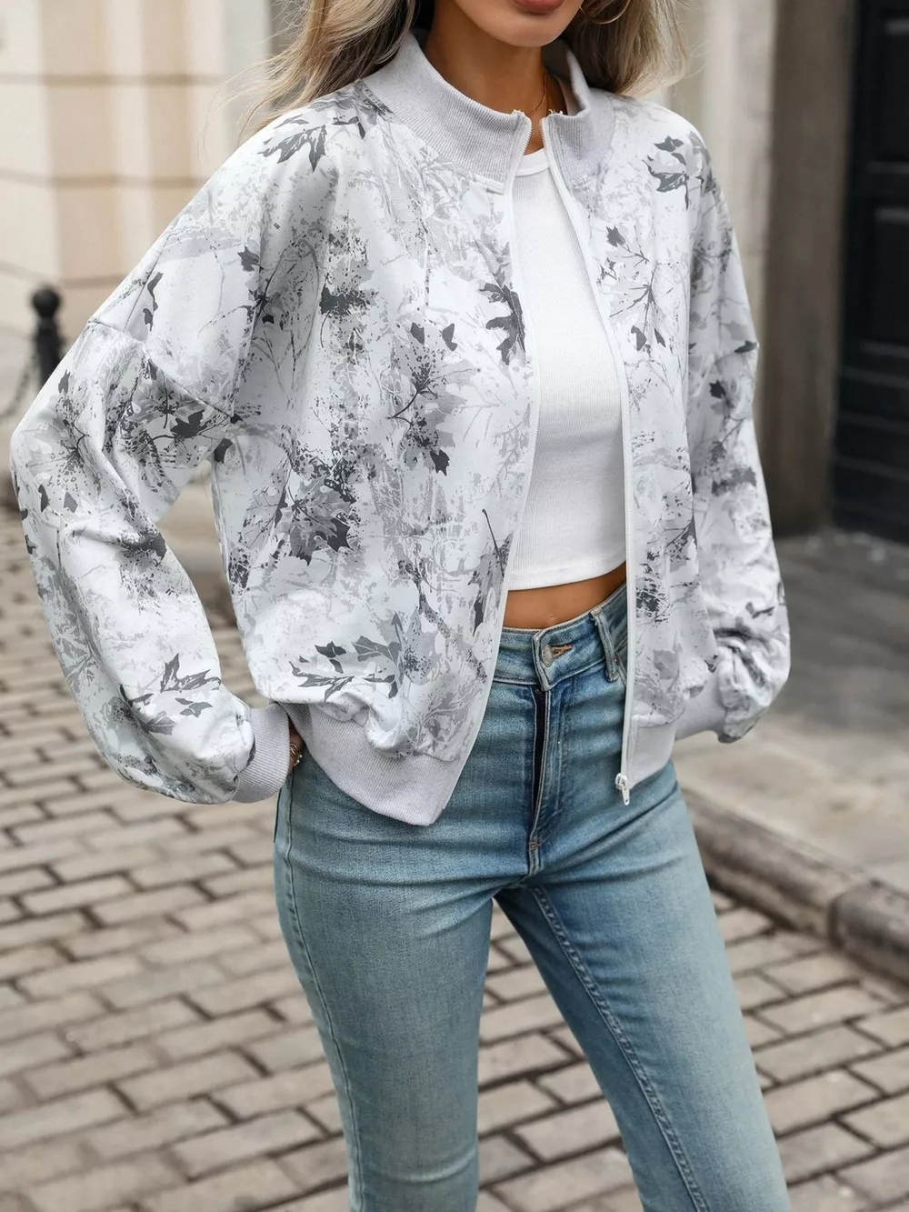 Printed Zip Up Long Sleeve Sweatshirt, image 2