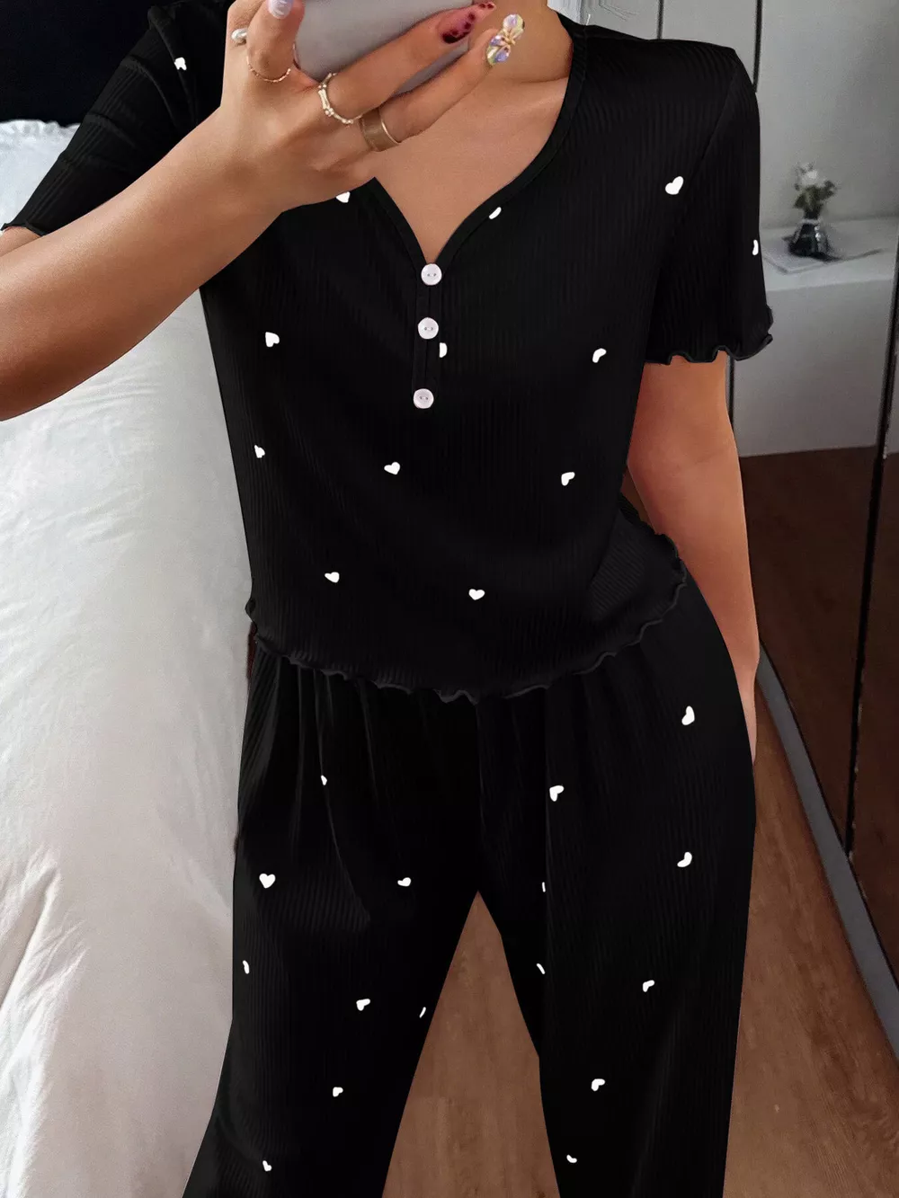 Heart Print Lettuce Trim Top and Pants Loungewear Set, image 13