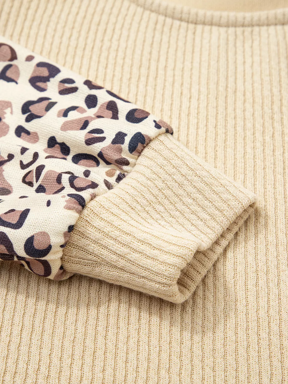 Leopard Sleeve Patchwork Ribbed Knit U Neck Top, image 10