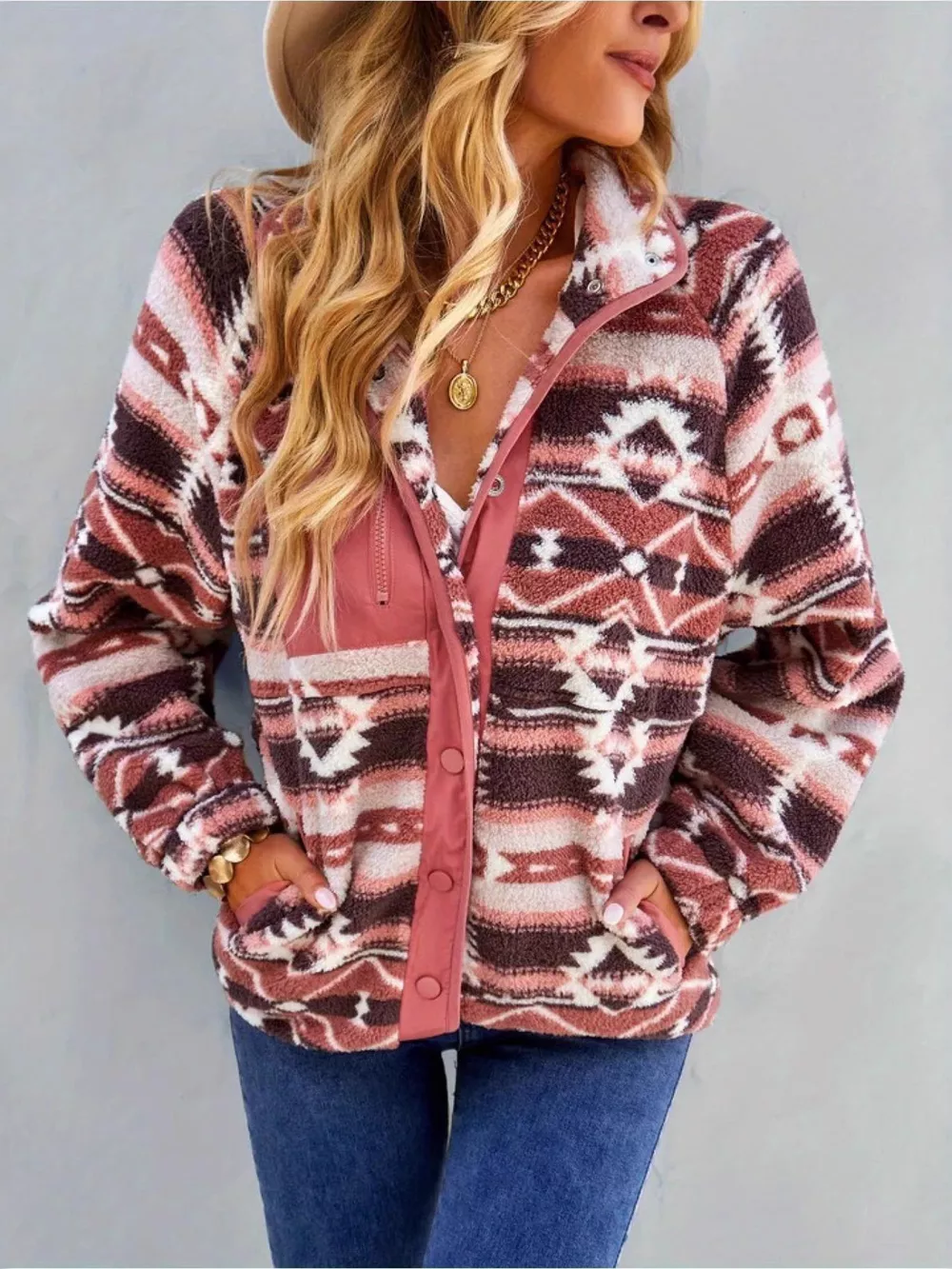 Aztec Print Fleece Snap Down Jacket, image 4
