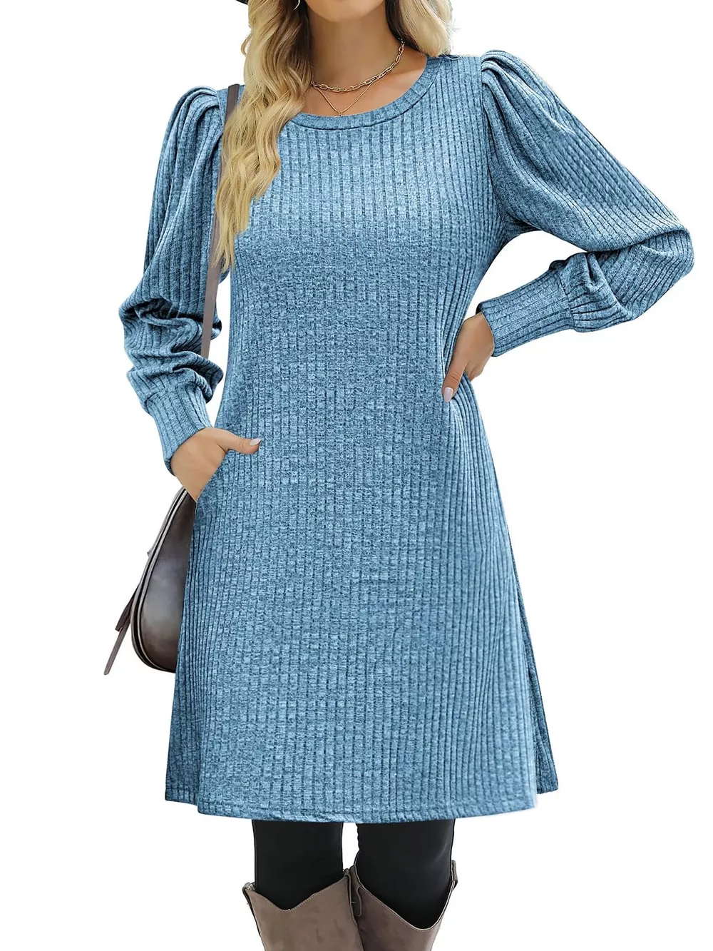 Ribbed Knit Puff Sleeve Casual Mini Dress, image 27
