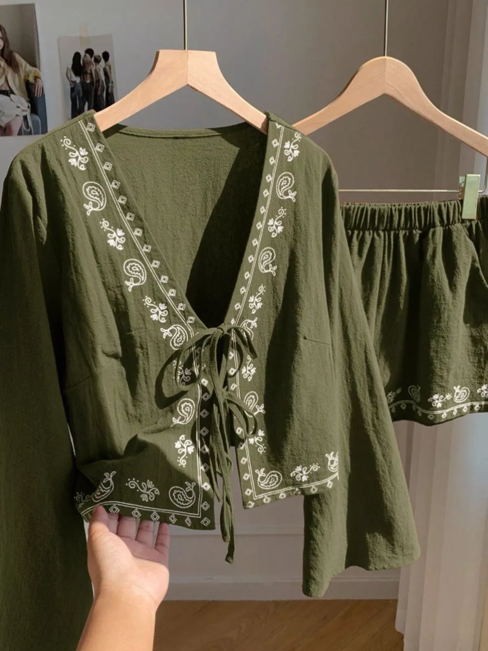 Embroidered Tie-Front Top & Shorts Set, image 3