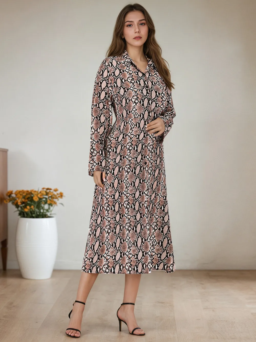 Snake Print Long Sleeve Shirt Dress