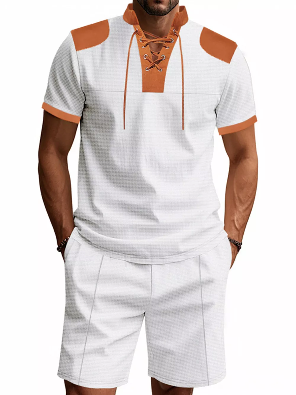 Men's Full Size Lace-Up Collar Casual Top and Shorts Set Plus Size, image 9