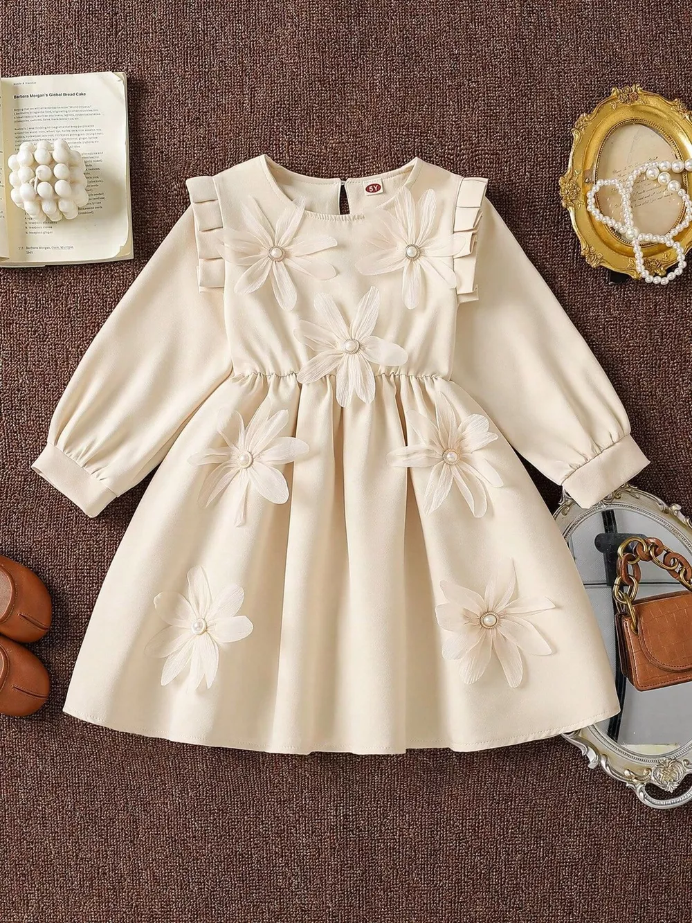 Children's Long-Sleeve Dress with 3D Floral Appliques and Pearl Accents, image 2