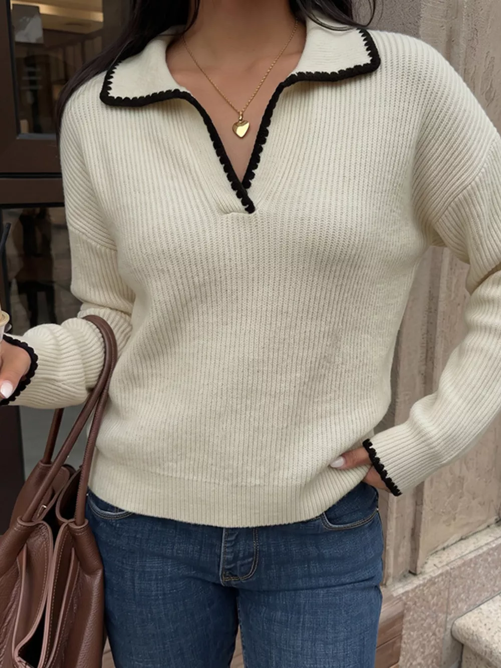 Contrast Trim Dropped Shoulder Sweater